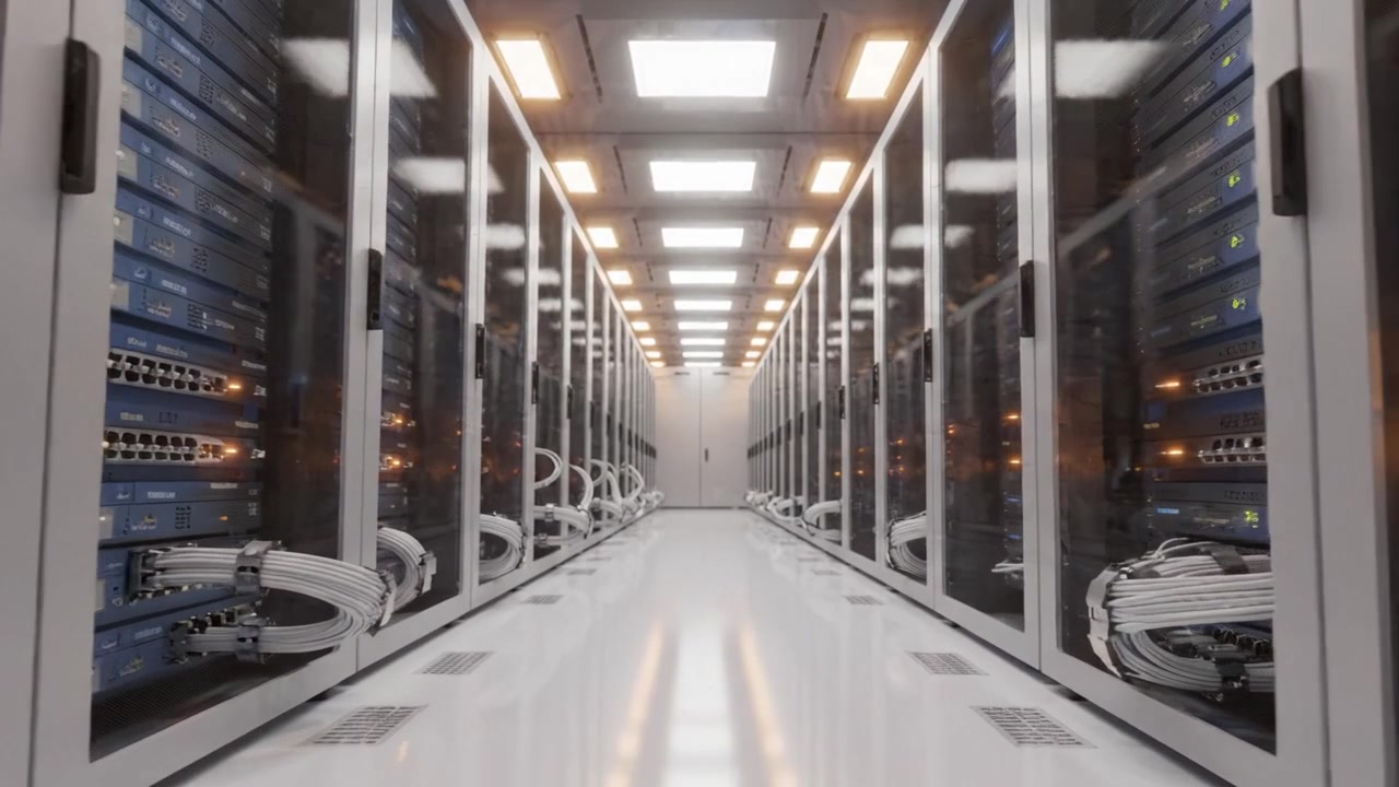 A Modern Data Center Interior Showcasing Rows of Servers and Network Equipment with Advanced Cooling Systems and Efficient Lighting for Optimal Performance