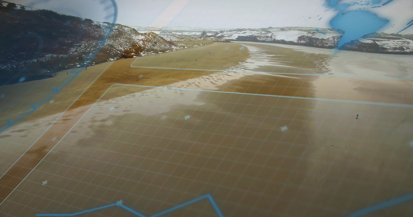 Single person walking shore as tech grid overlay shifting and fading, revealing sandbar for mapping