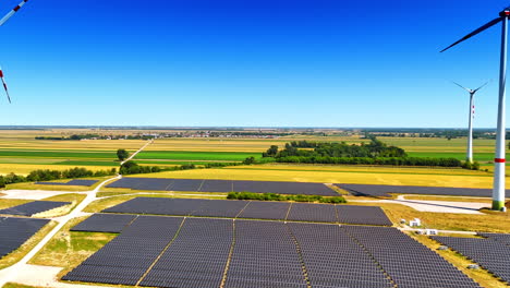 rising over the yellow field where solar panels site is located. few wind turbines are near the panels