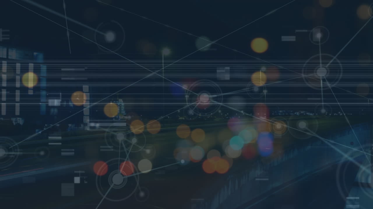 Animation of network of connections and mosaic squares against night city traffic