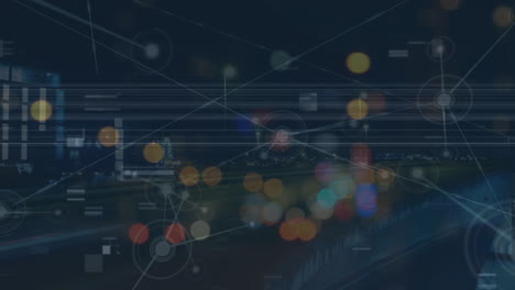 animation of network of connections and mosaic squares against night city traffic