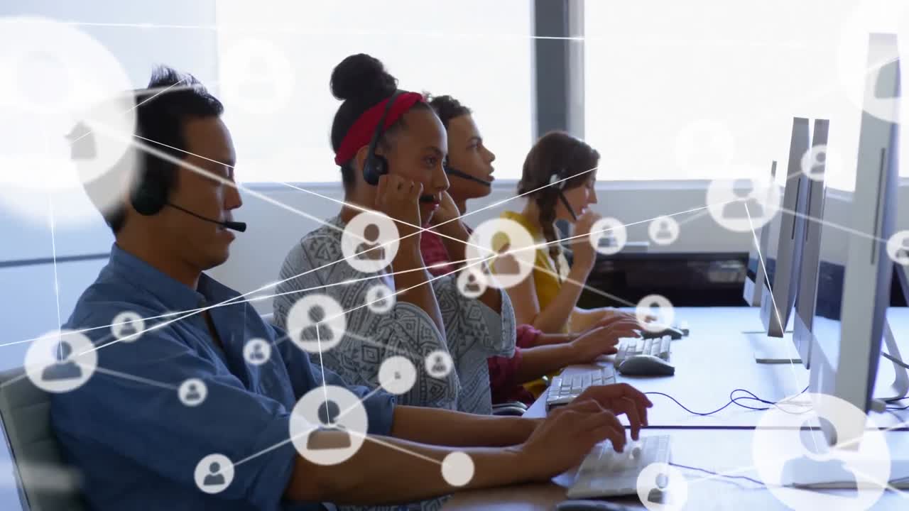 Animation of network of connections over diverse business people in office