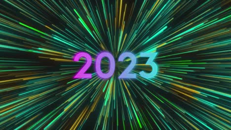 Animation-of-2023-text-over-green-fireworks