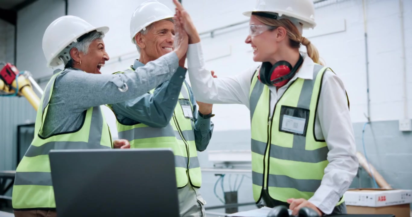 Diverse Engineering Team Celebrating Success in Industrial Facility