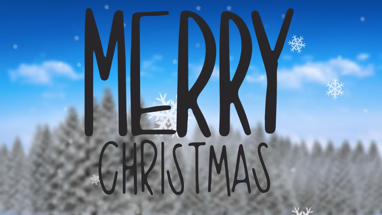 Animation of Merry Christmas text with snowflakes over winter forest background