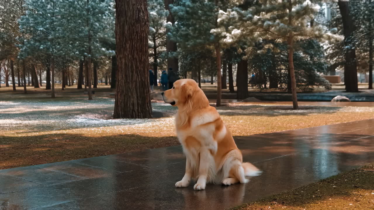 Golden Retriever Sitting in a Snowy Winter Park