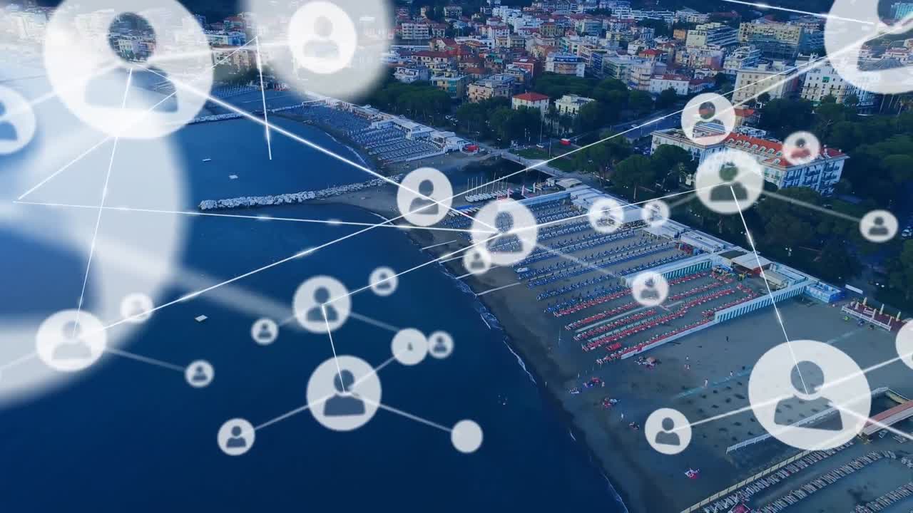 도시 풍경 위를 날아다니는 드론을 통해 연결 네트워크의 애니메이션