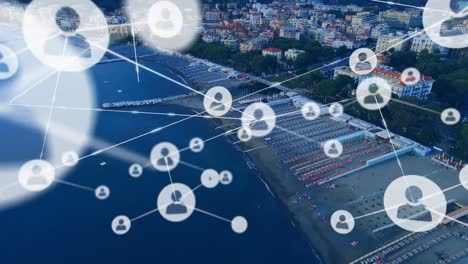 animación de la red de conexiones a través de drones que vuelan sobre el paisaje urbano