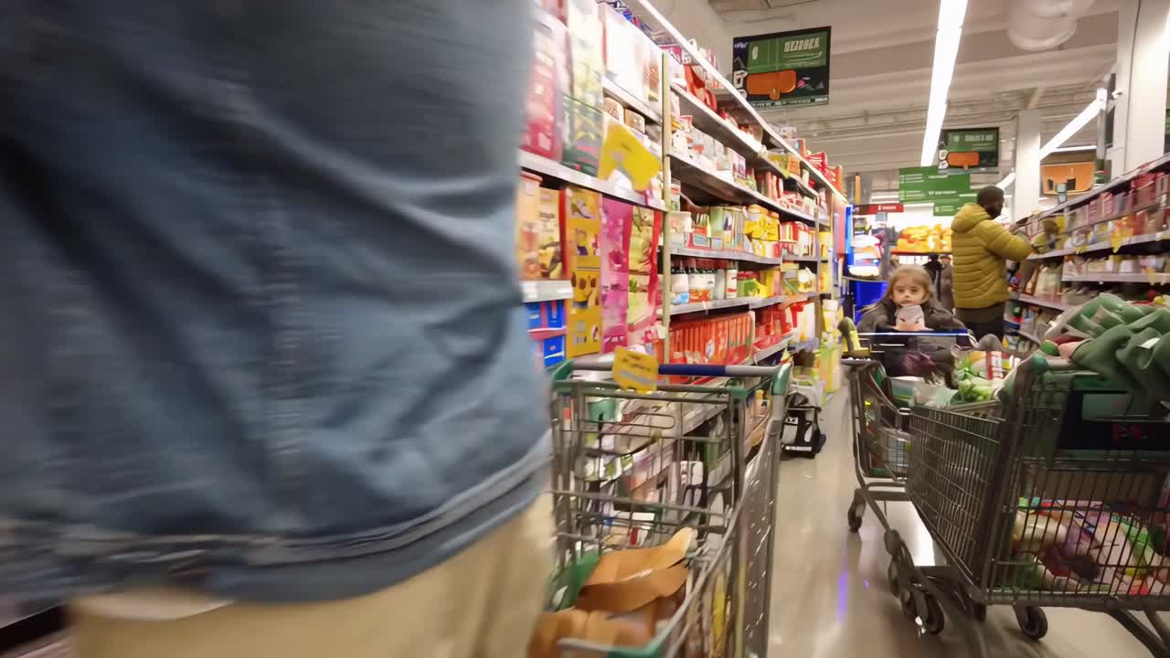 スーパーマーケットのシリアル売り場で買い物客が商品を選ぶ広角映像。日常の風景を捉えています。