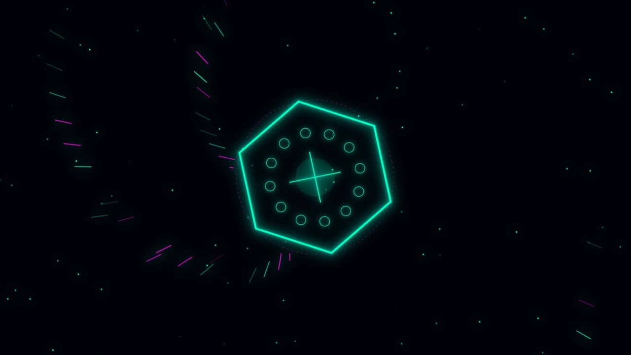Neon Hexagon Graphic Rotating in Dark Abstract Space