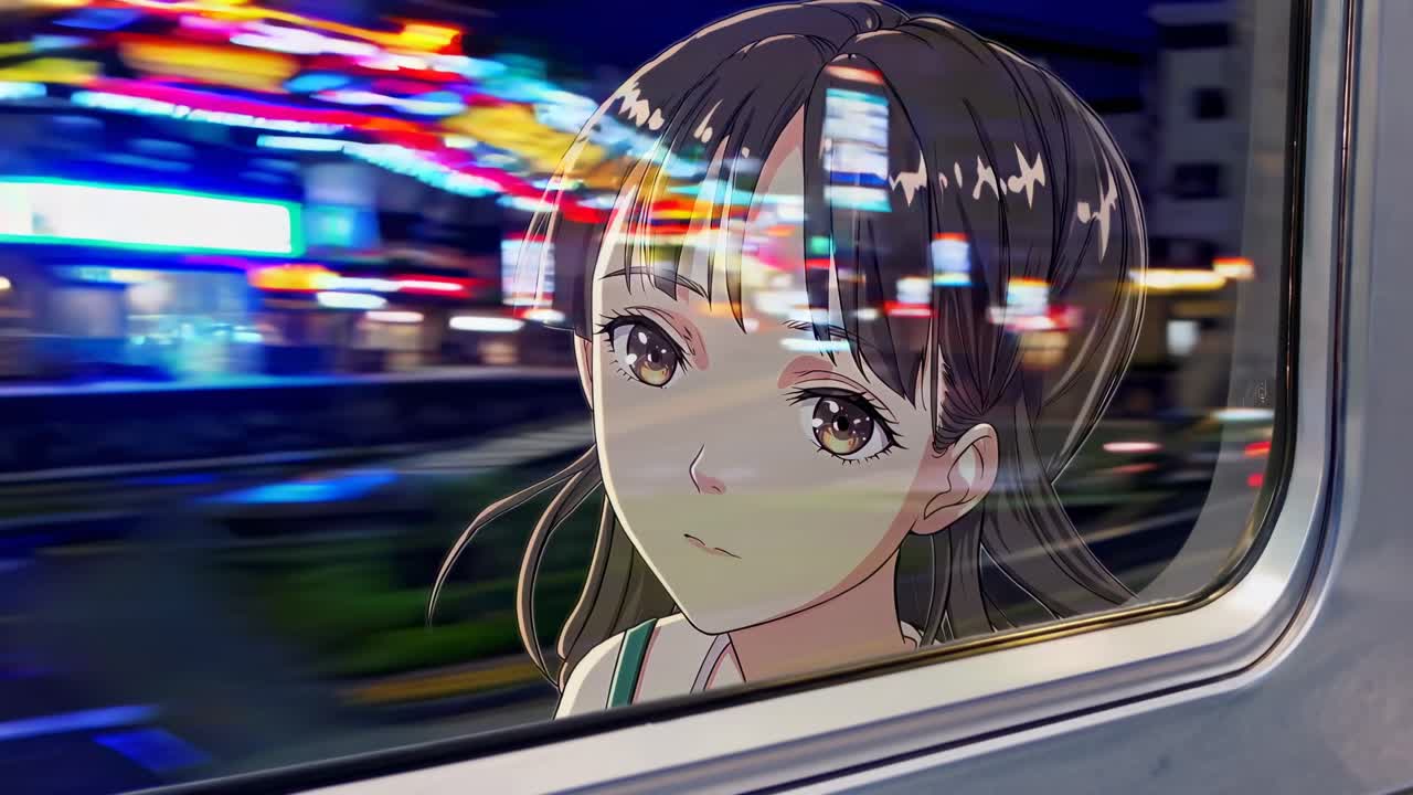 Reflejo estilo anime de una niña en la ventana de un tren con luces de la ciudad difuminadas.