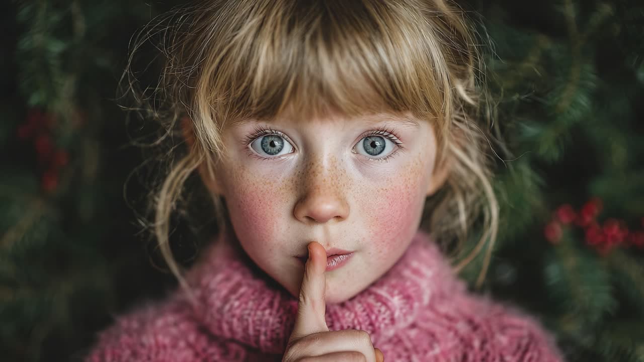 A Young Girl in a Cozy Pink Sweater with Sparkling Blue Eyes and Freckles Shares a Secret with the World, Holding Her Finger to Her Lips in a Playful Gesture of Quietness