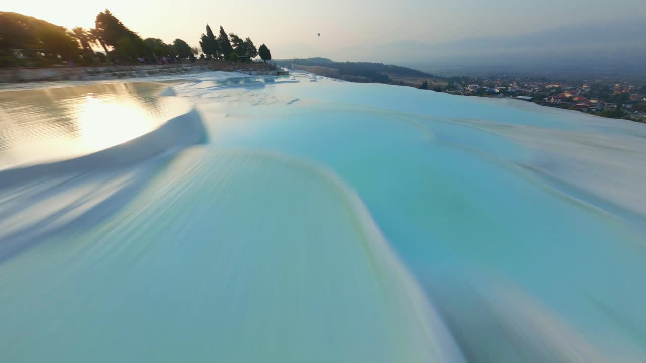 Aerial view of Natural travertine pools and terraces in Pamukkale