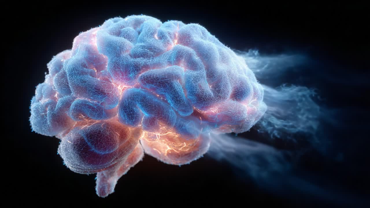 A Dynamic Visualization of a Brain in Motion: Showcasing Neuroactivity and Cognitive Processes in a Stunning 3D Rendering with Emphasis on Electric Sparks and Fluid Dynamics