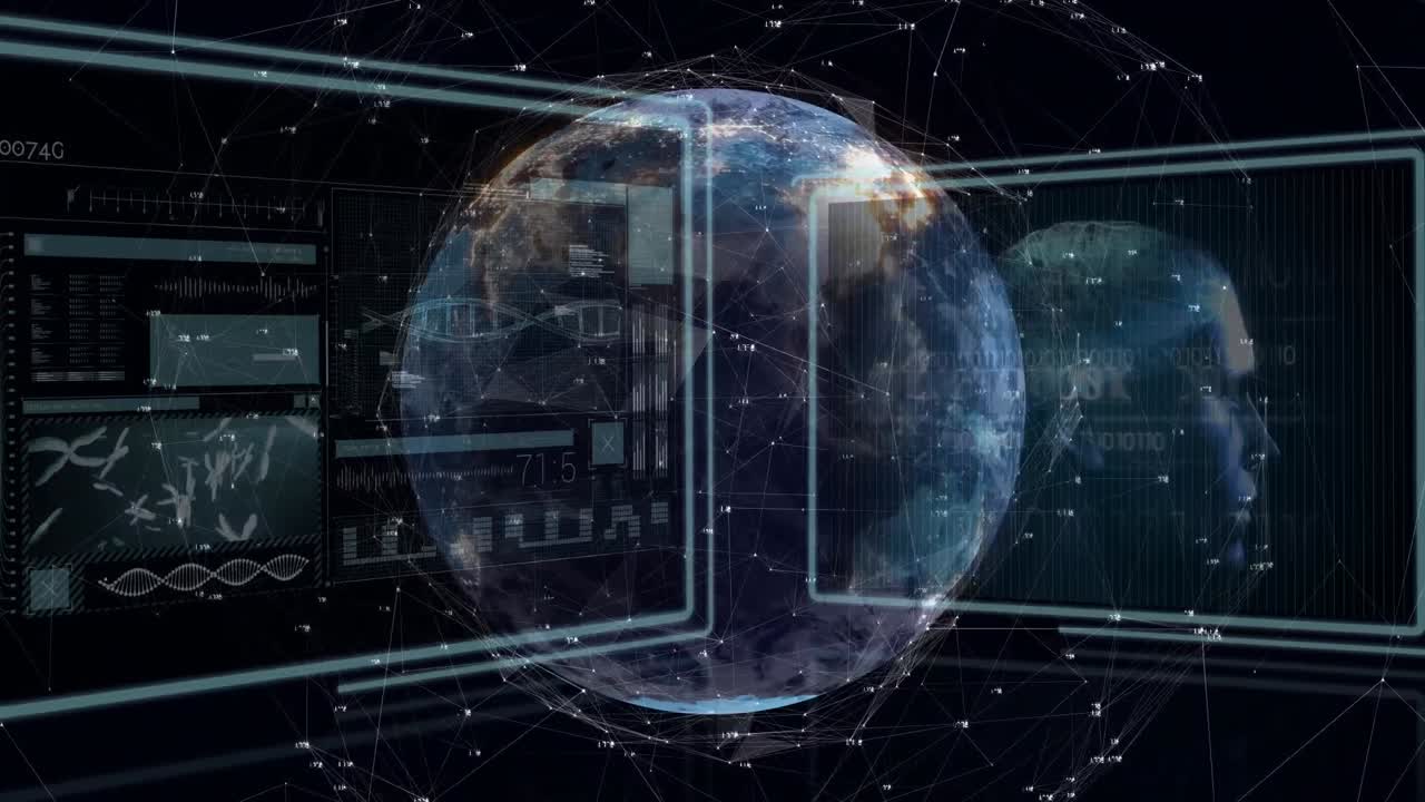 그래프와 차트의 데이터 처리와 함께 검은 인터페이스 위에 회전하는 어두운 지구의 애니메이션