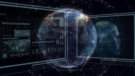 animation of dark globe rotating over black interface with data processing on graphs and charts
