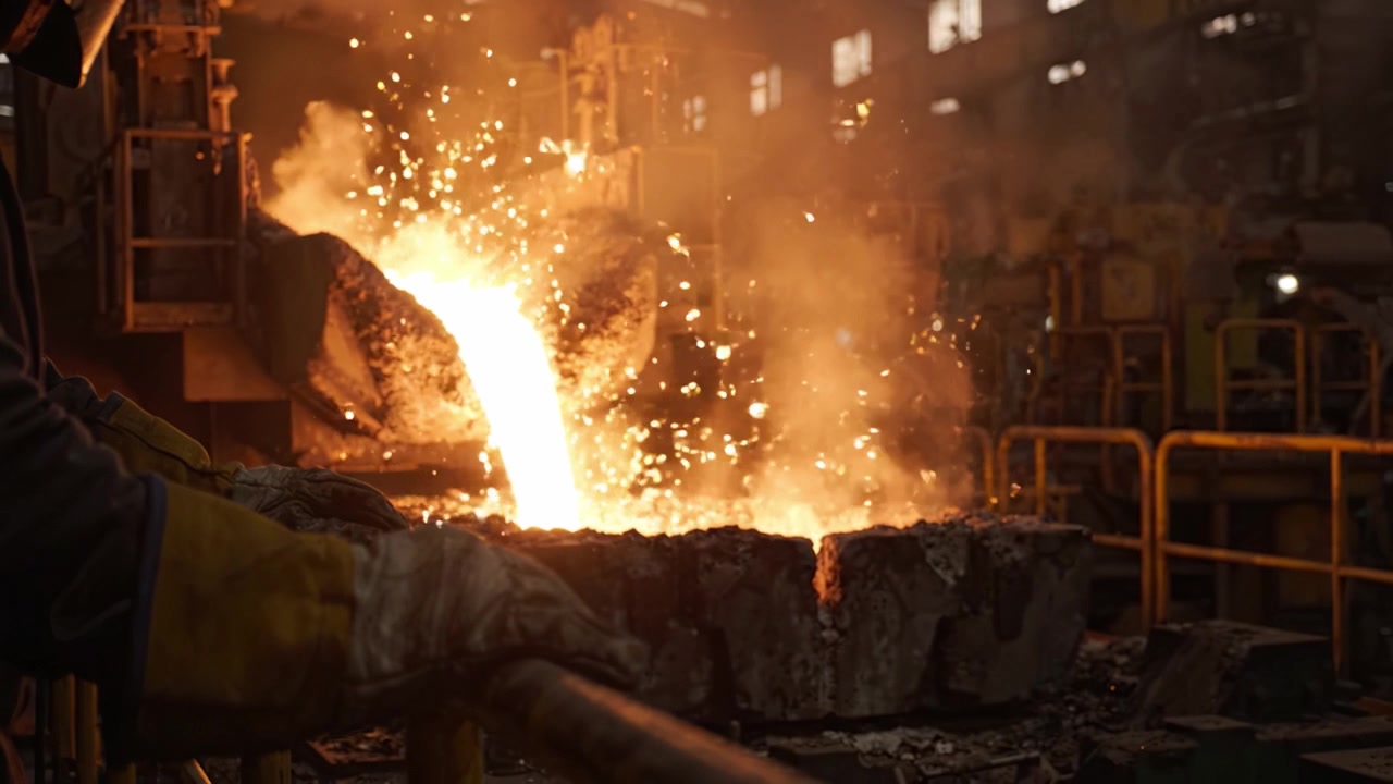 Intense Metal Pouring Process in a Foundry, Showcasing Bright Molten Metal Flowing from a Crucible into a Mold, Illuminated by Factory Lights and Sparks