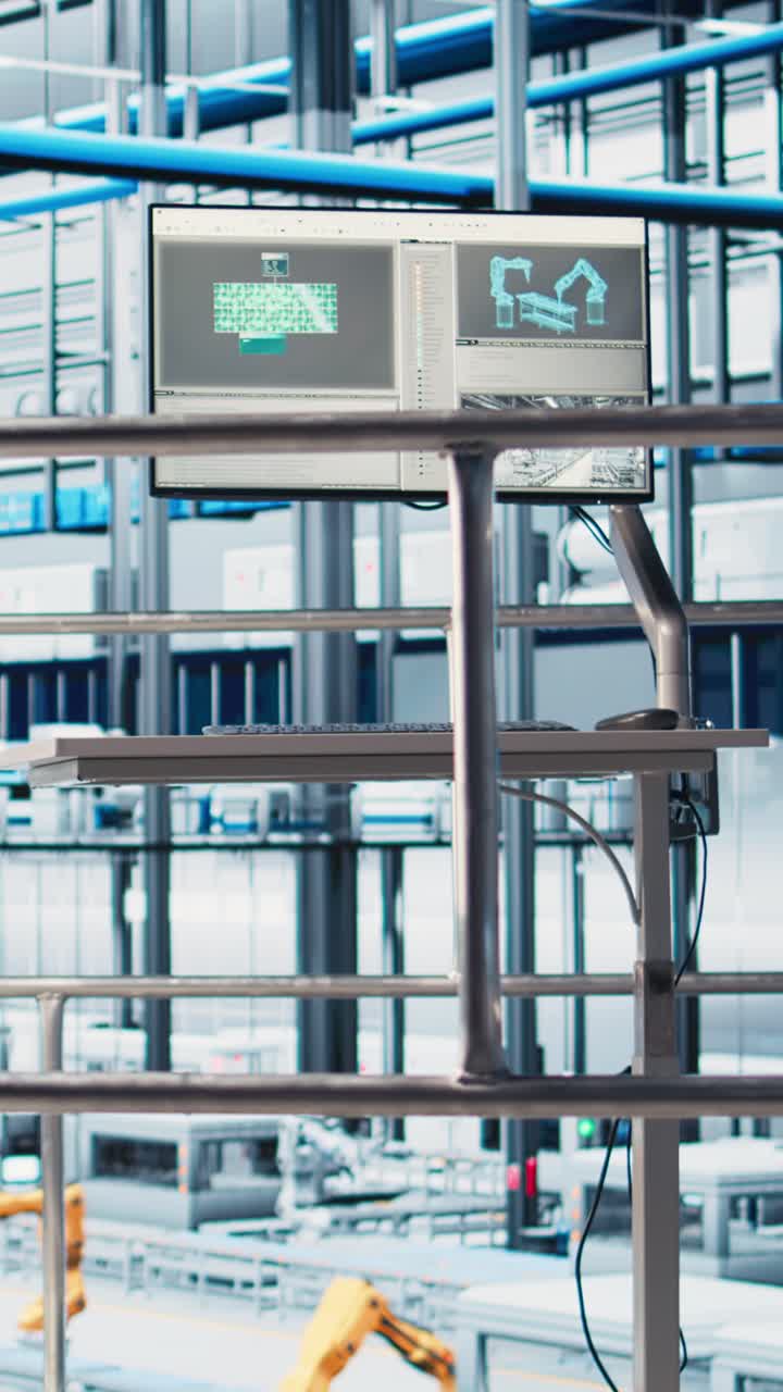 Vertical video Monitor displaying industrial automation software overlooking smart factory