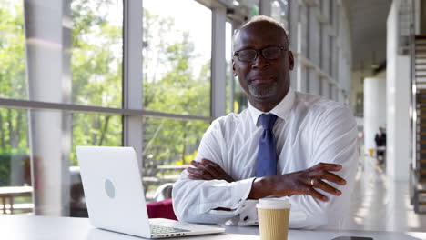 portrait of businessman working on laptop in modern office