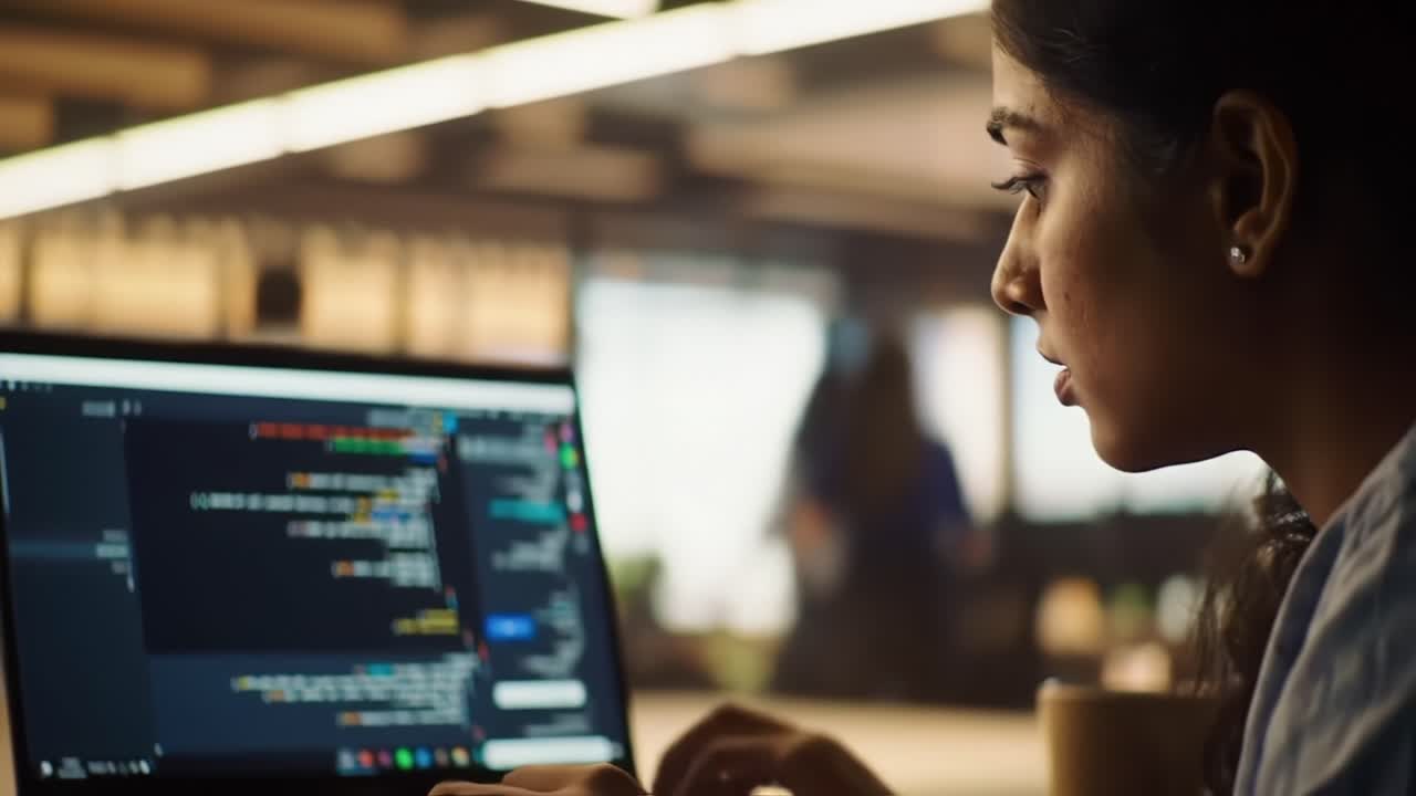 A Focused Programmers Journey: Captivating a Young Woman Coding Passionately in a Collaborative Workspace Filled with Technology and Innovation