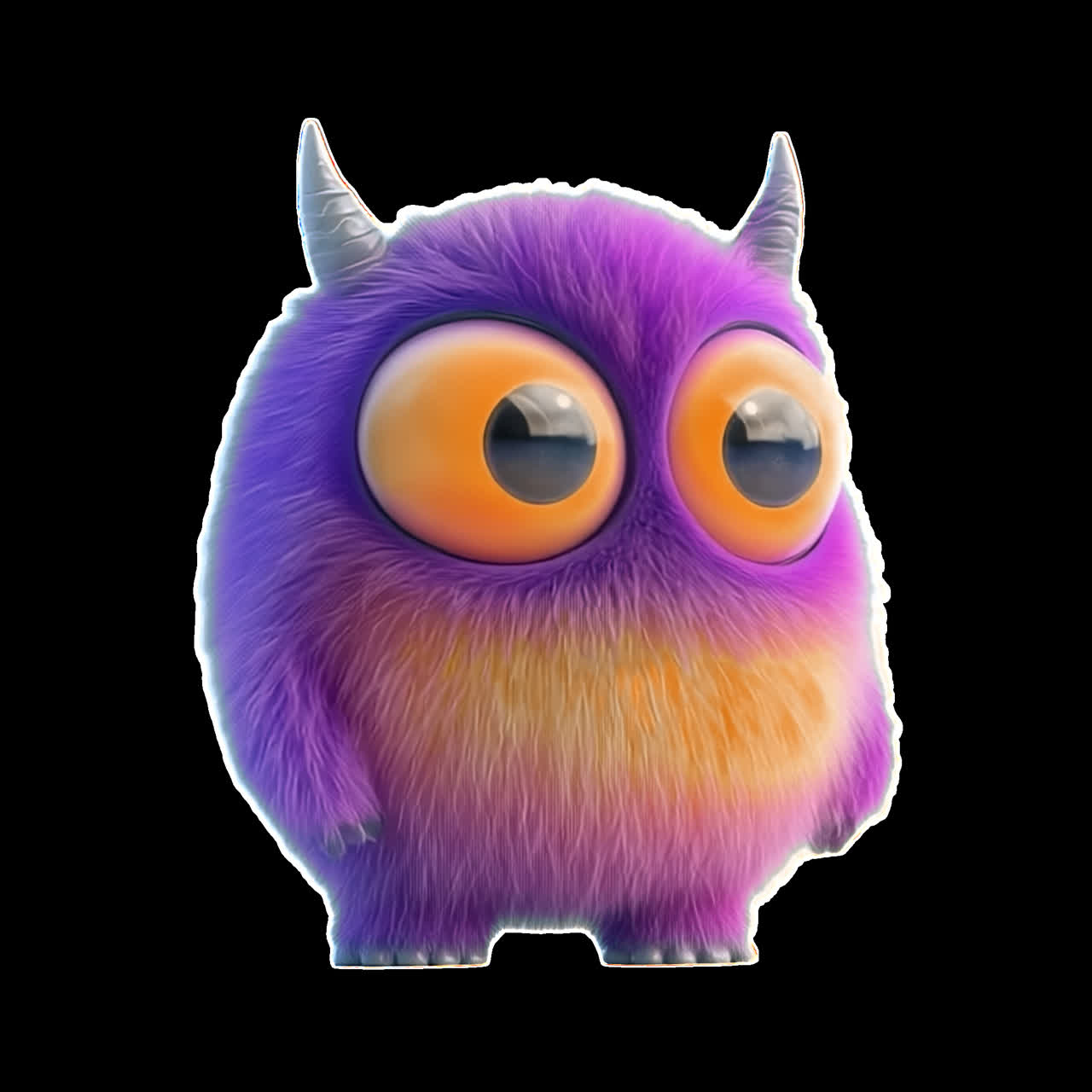 Animação de monstro roxo peludo com chifres, ativo isolado, vídeo 4K transparente, canal alfa.
