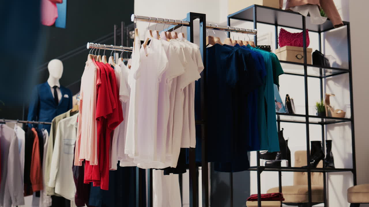 캐주얼 옷으로 가득 찬 현대적인 부티크