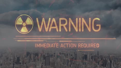 animation of nuclear symbol and warning text over cityscape