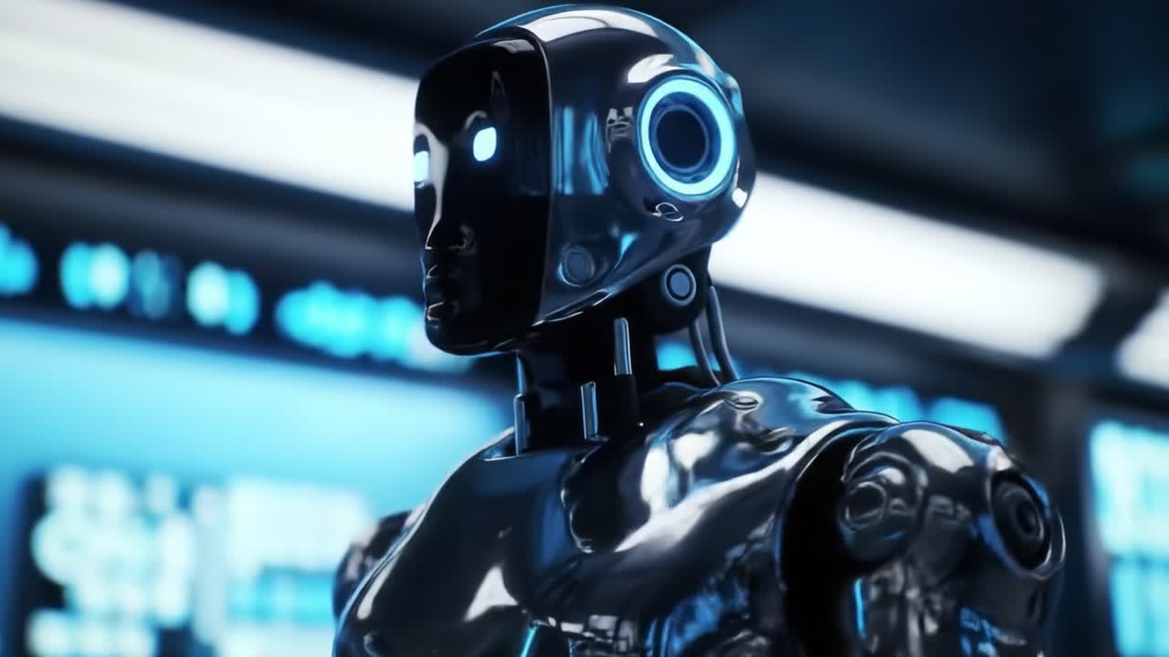 A Futuristic Vision: Exploring the Intricate Design and Advanced Technology of a Gleaming Chrome Robot in a High-Tech Environment