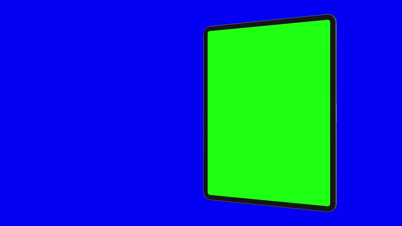 Green screen tablet on blue background, ready for custom content overlays