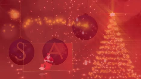 animation of sale text over bauble decorations and glowing spots falling over christmas tree