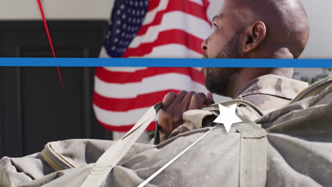 animation of flag of usa over african american male soldier