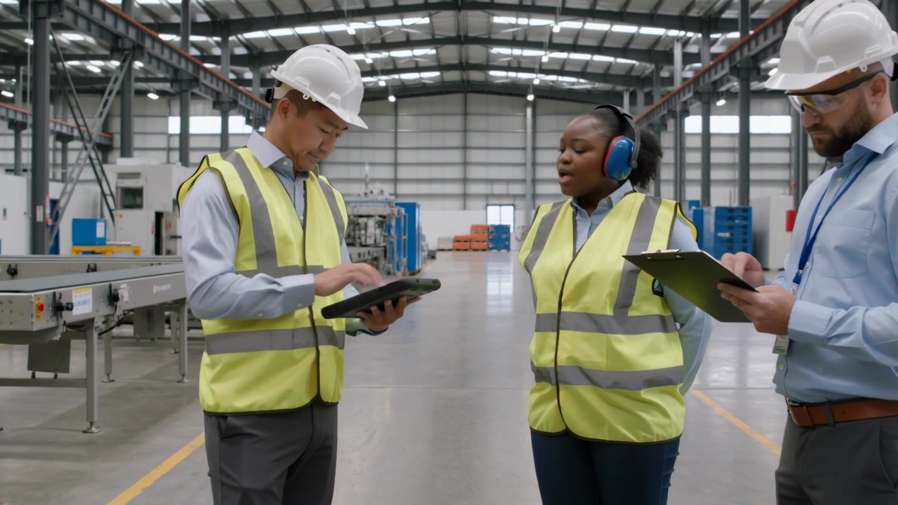 Tapping tablet supervisor wearing hard hat and vest explaining process on factory floor, clipboard