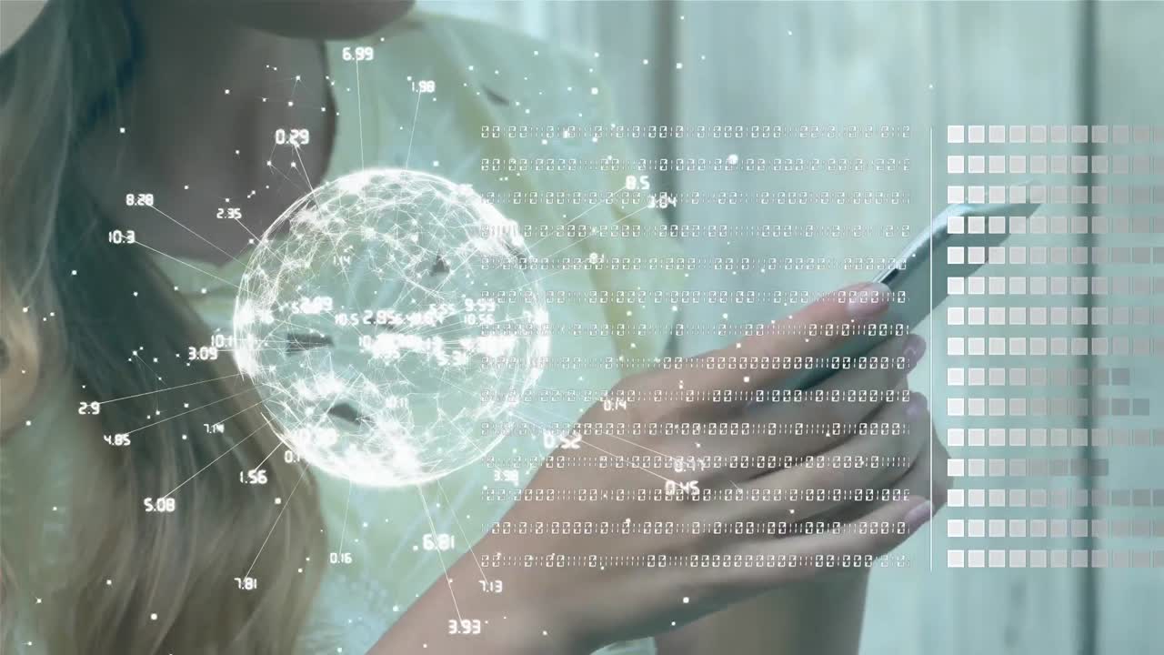 전 세계 숫자의 애니메이션과 스마트폰을 사용하는 미소 짓는 두 인종의 여성에 대한 로딩 바