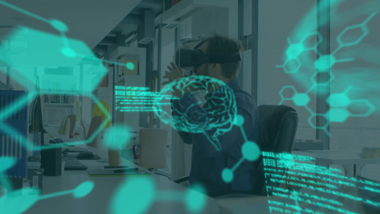 animación del cerebro y el procesamiento de datos médicos en la interfaz, sobre el hombre utilizando auriculares vr