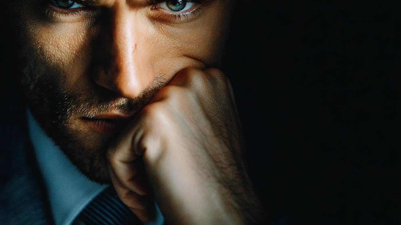 Uno sguardo intenso: primo piano di un individuo pensieroso che mostra emozione e profondità con tratti sorprendenti in condizioni di scarsa illuminazione per un effetto drammatico