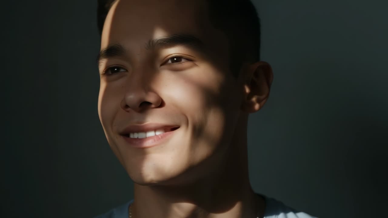 Man against dark wall tilting head and smiling shifting blind stripes across face for tech portrait
