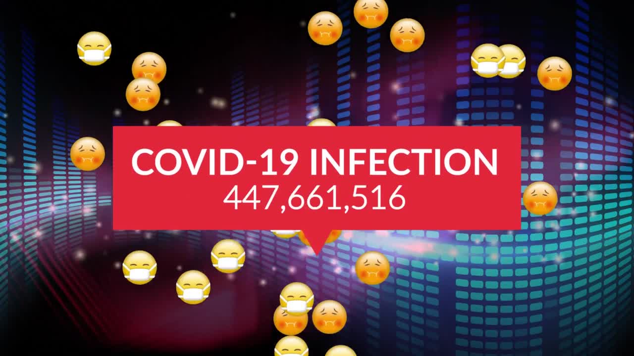 texto de infección por covid-19 con números crecientes y emojis de rostros flotando contra un fondo azul