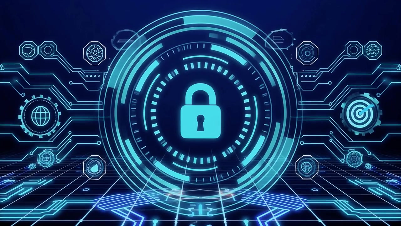 Digital Security Padlock Icon with Animated Circuit Board Background