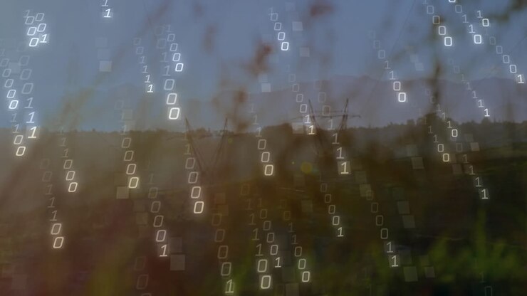Binary code animation over scenic landscape with trees and hills