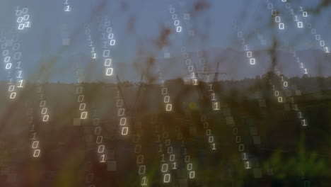Binary code animation over scenic landscape with trees and hills