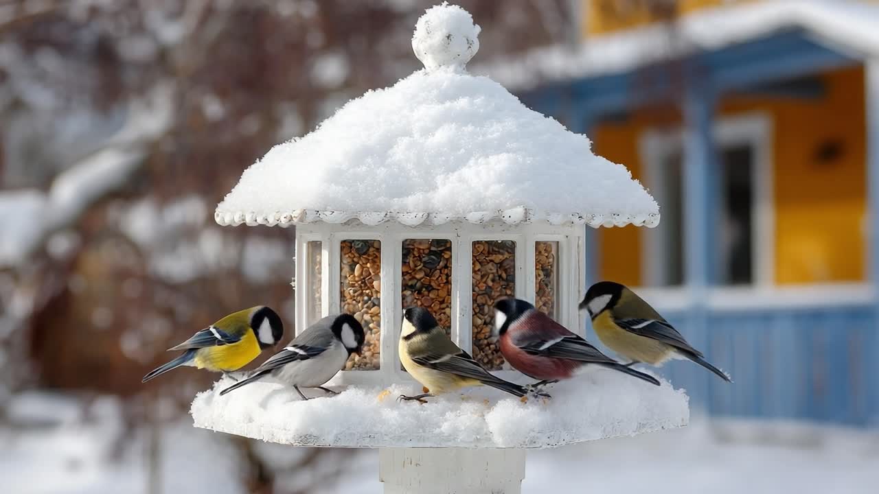 Eine wunderschöne Winterszene mit farbenfrohen Vögeln, die sich um eine schneebedeckte Futterstelle versammeln, die mit Saatgut gefüllt ist. Perfekt für die Beobachtung und den Genuss der winterlichen Tierwelt.