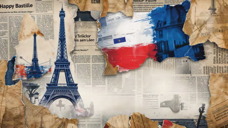 eiffel tower and french colors on vintage newspaper for bastille day