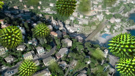animación de células de macro coronavirus covid-19 que se extienden sobre la vista aérea del paisaje urbano