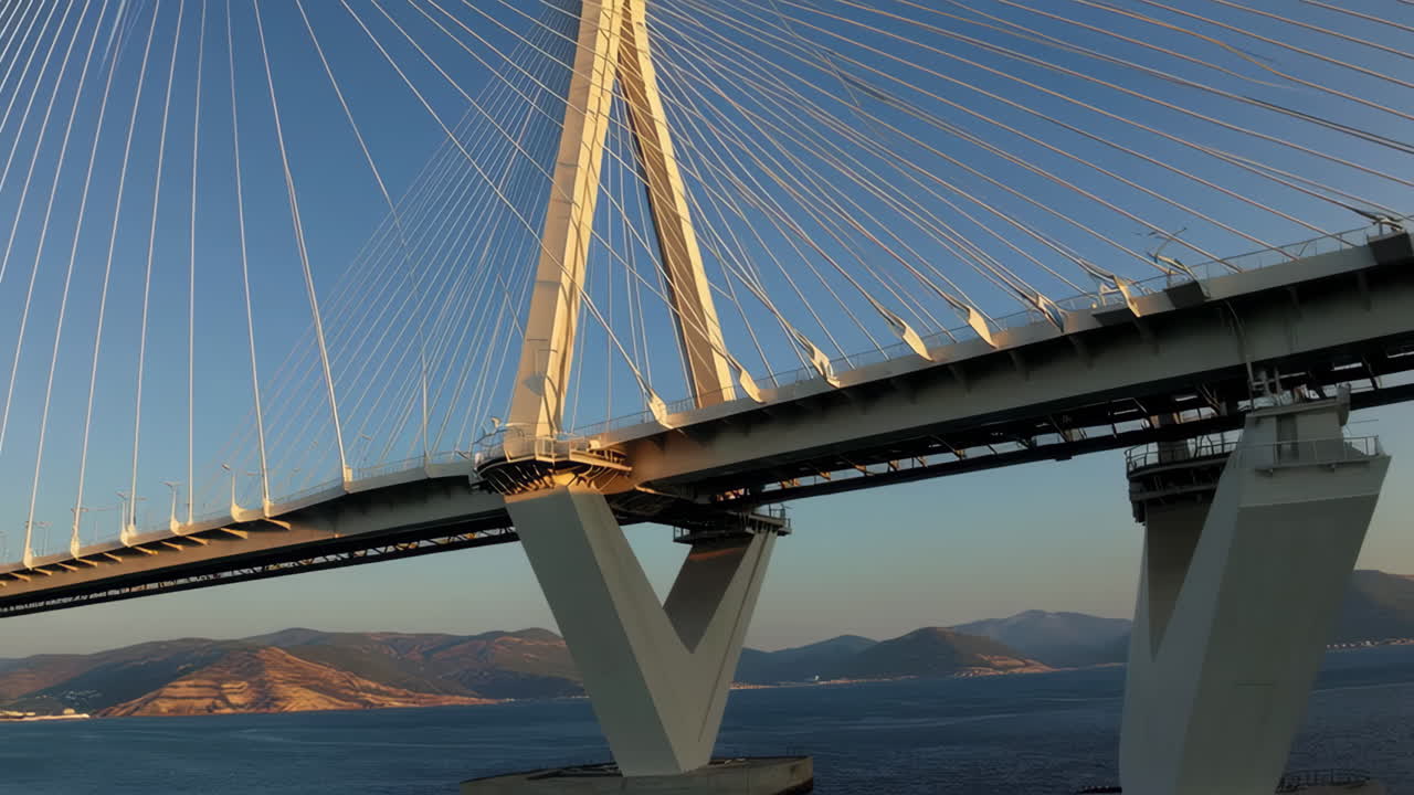 Stunning View of the Rio-Antirrio Cable-Stayed Bridge Spanning Across Water with Mountains