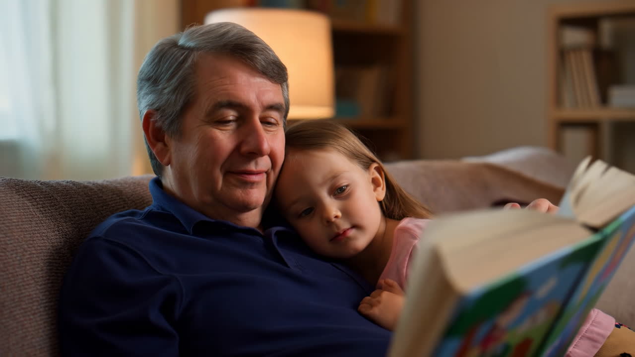 Grandfather and Granddaughter Reading a Story Book Together at Home