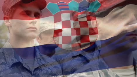 animation of flag of croatia over diverse male soldiers