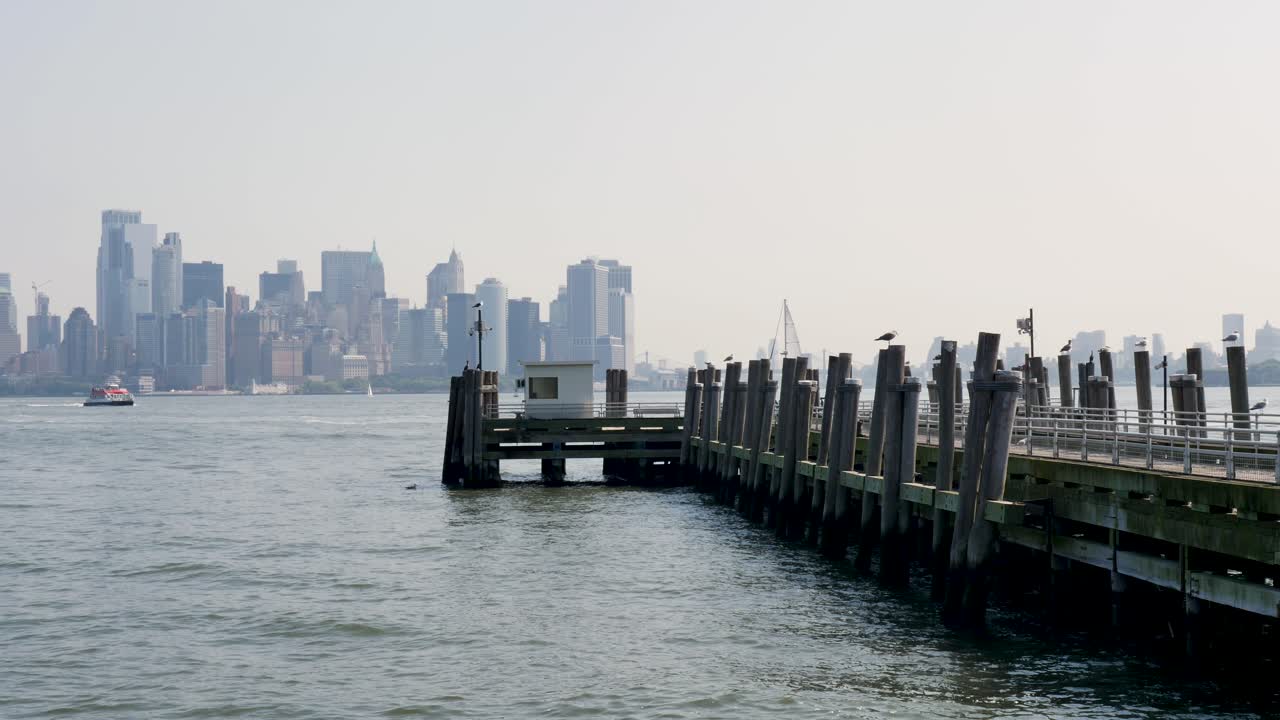 Slow motion landscape of seagull birds on wharf pier jetty in Hudson river harbour with New York City skyline in background Manhattan Staten Island USA America travel tourism