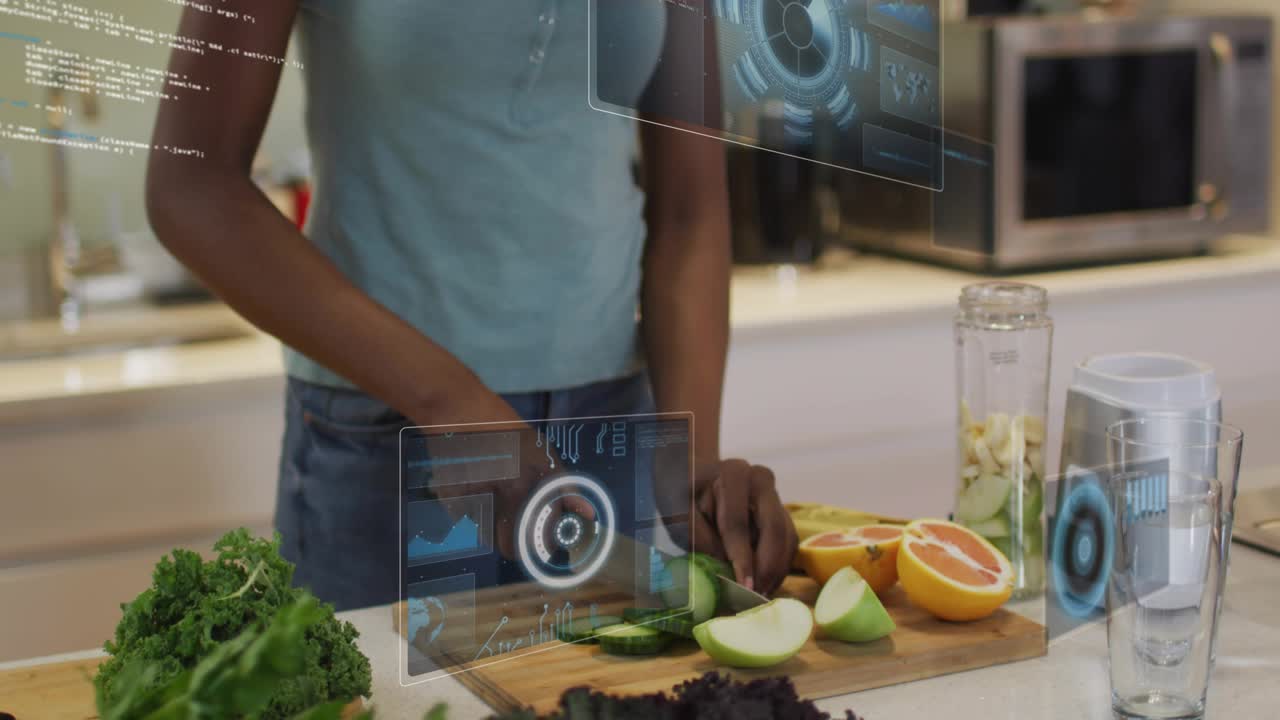 Woman chopping cucumber in kitchen activating AR panels on produce and analyzing nutrients