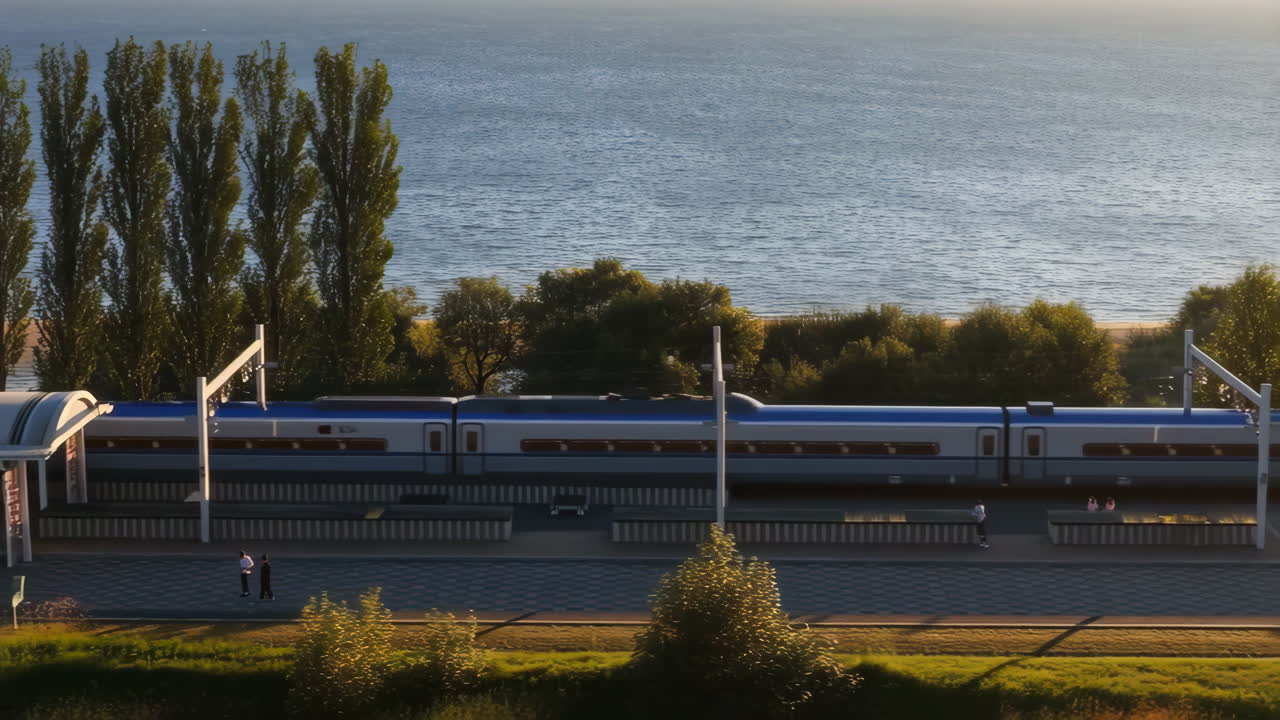 A modern train at a scenic coastal station