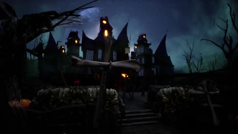 halloween haunted house with bats, and pumpkins under scary moon cinematic video animation background